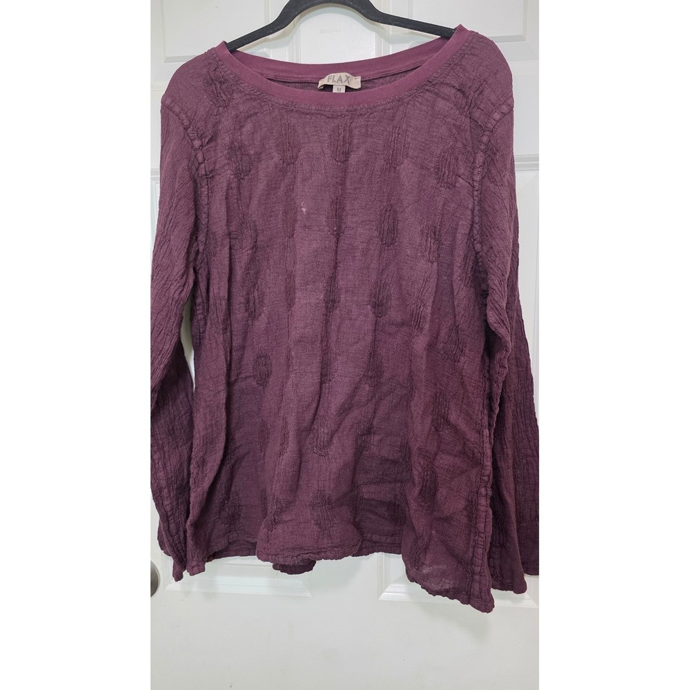 FLAX Textured Linen Blend Long Sleeve Top Women's M Purple Scoop Neck Lagenlook