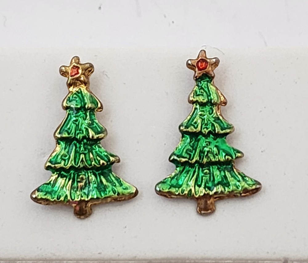 Vintage Christmas Tree Earrings Pierced Green Enamel and Red Accent Gold Tone-image