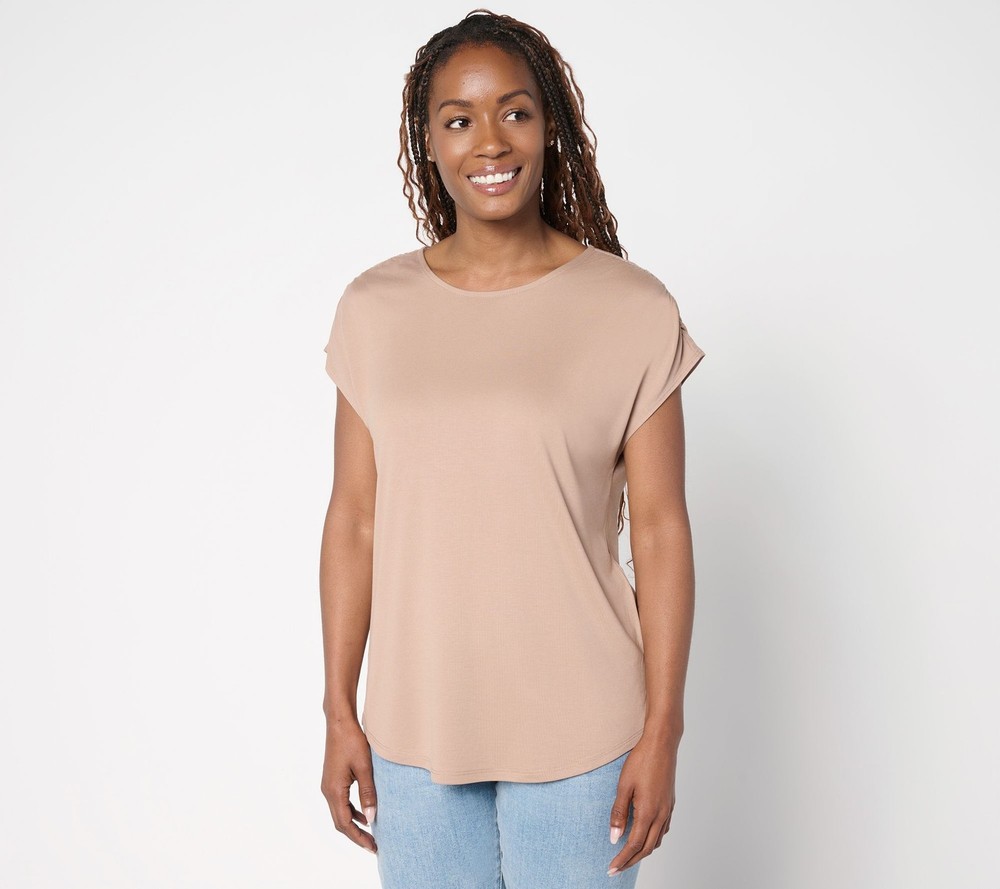 Belle by Kim Gravel Women's Top Sz S Ruched Shoulder Peached Modal Pink A691526