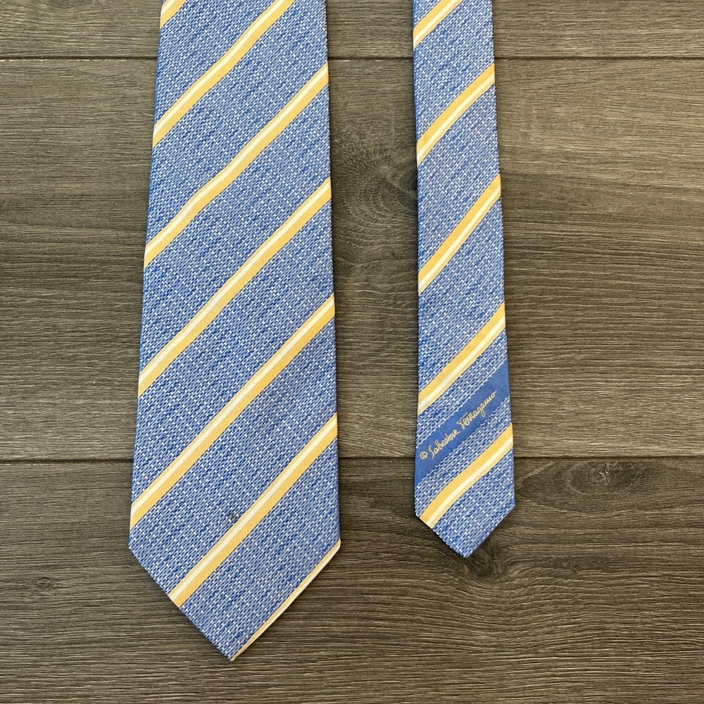 Salvatore Ferragamo Mens Neck Tie Blue Gold Diagonal Stripes