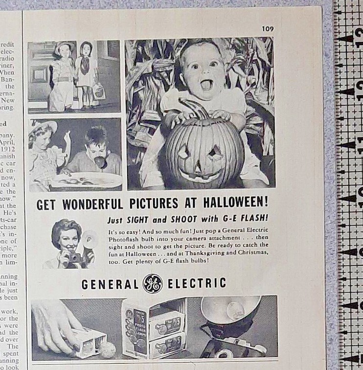 1953 General Electric Vintage Print Ad GE Flash Bulbs Camera Baby Pumpkin B&W