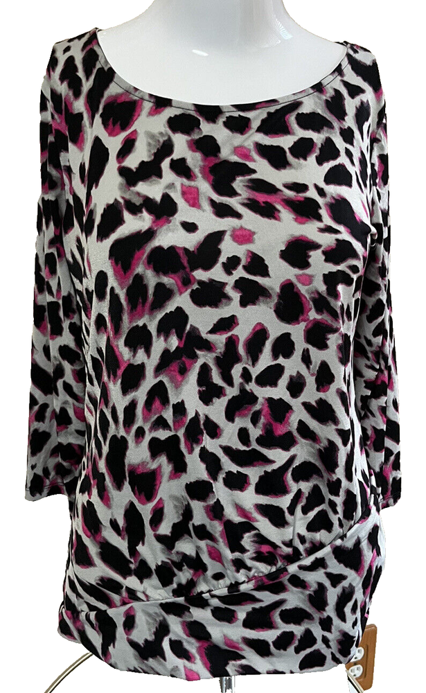 Anne Klein Top Tunic Leopard Animal Print Gray Black Pink Stretch Small Mob Wife