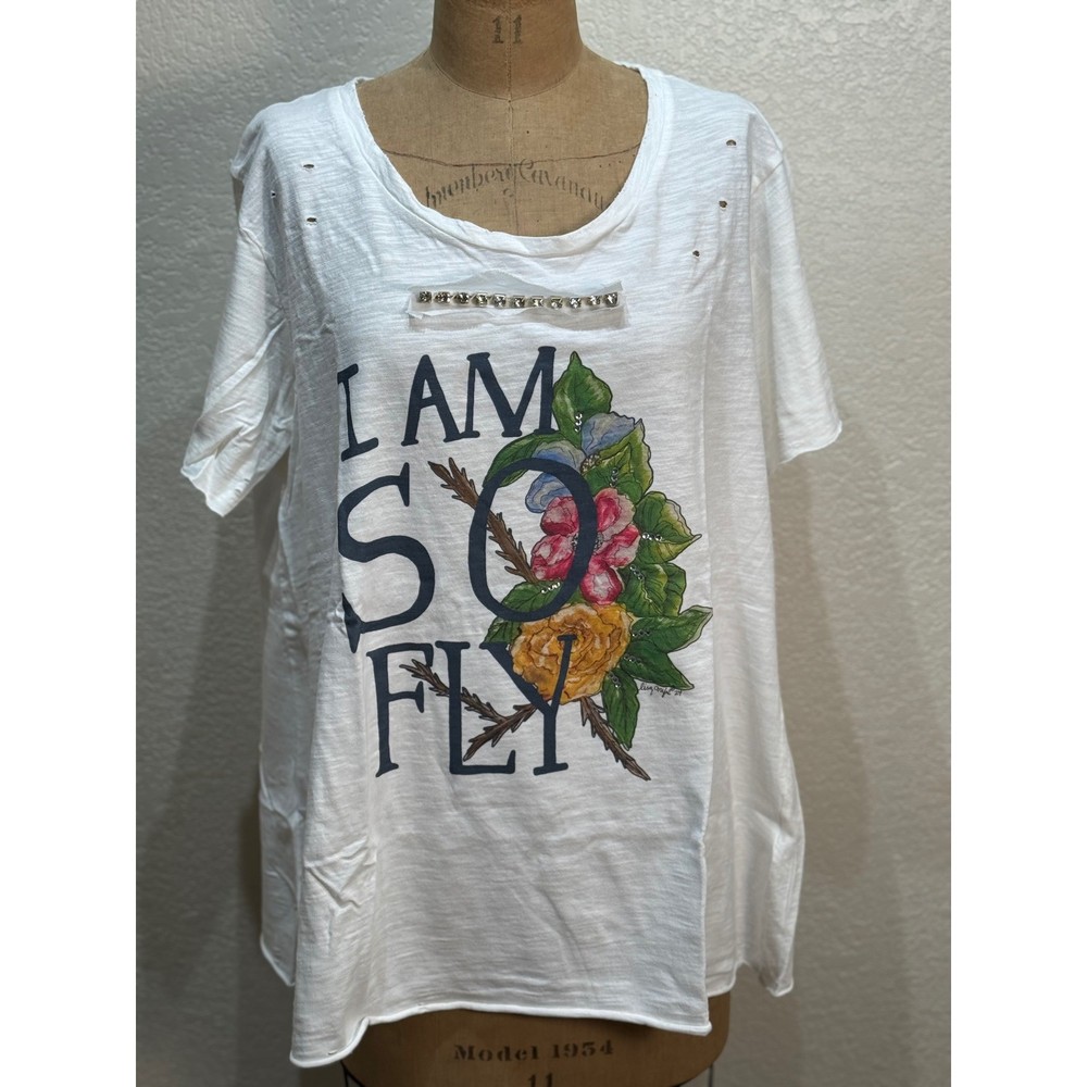 A Rare Bird Women's White Rhinestone Tee I AM SO FLY Distressed L/XL NWT