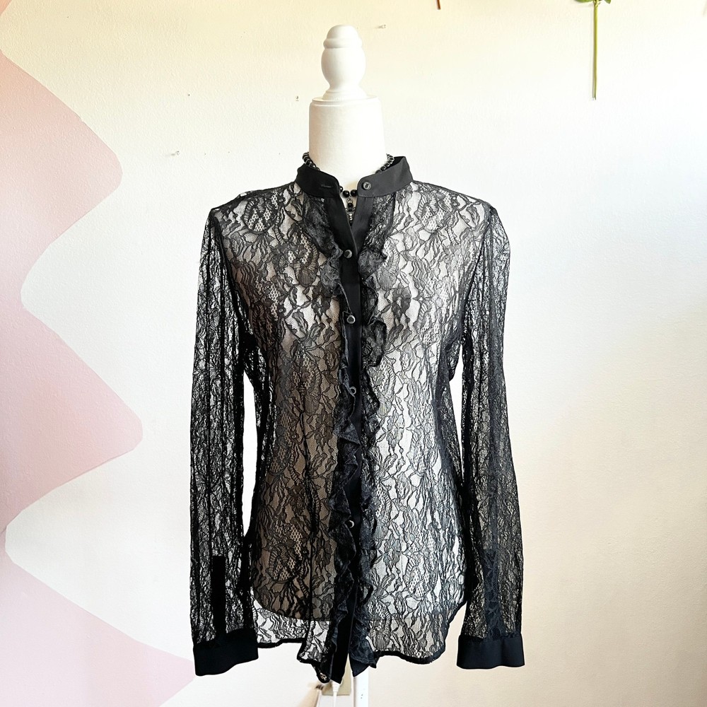 Black Lace Ruffle Top Sheer Victorian Gothic Edgy Whimsigoth Indie Sleaze Medium