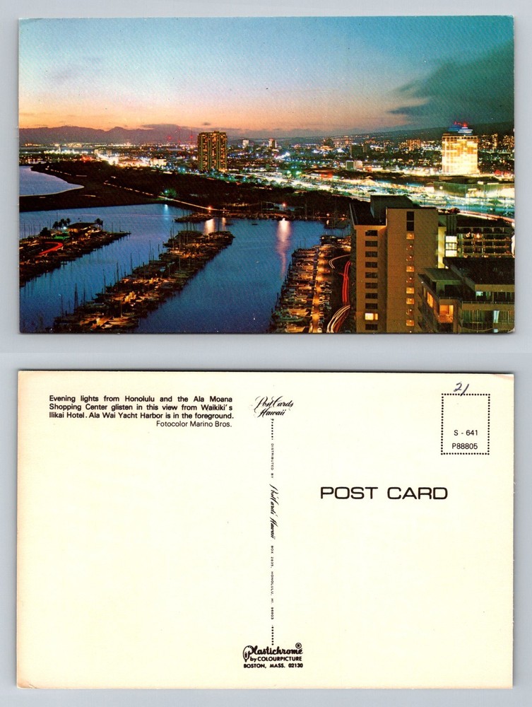 Honolulu, HI-Hawaii, Ala Wai Yacht Harbor Evening Lights Vintage Postcard