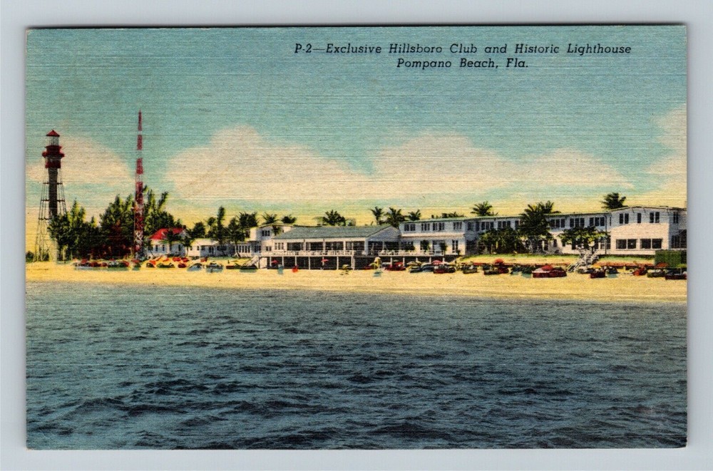 Pompano Beach, FL-Florida, Hillsboro Club & Lighthouse, c1957 Vintage Postcard