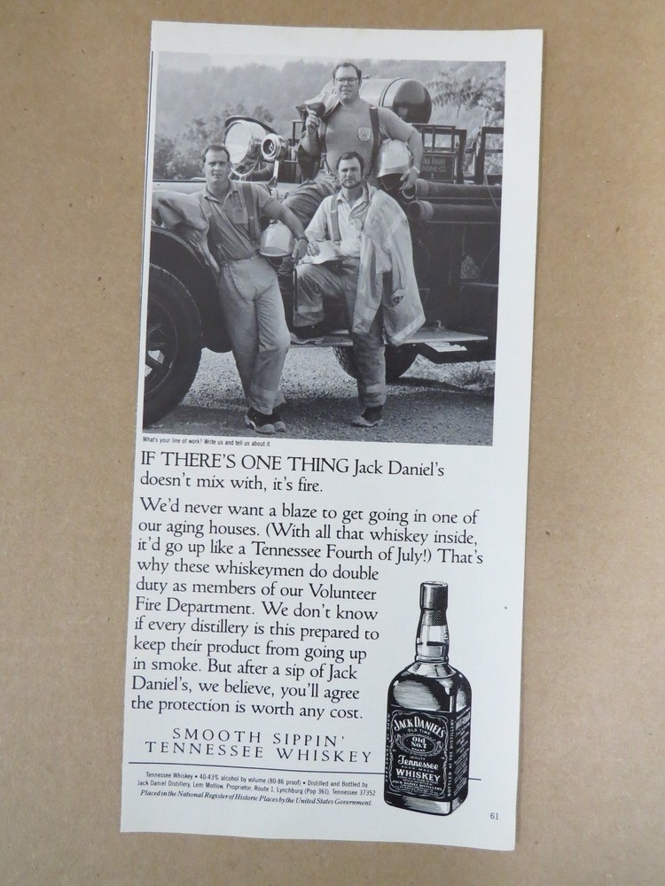 Jack Daniel's Magazine Print Ad Tennessee Whiskey 1990s Firefighters