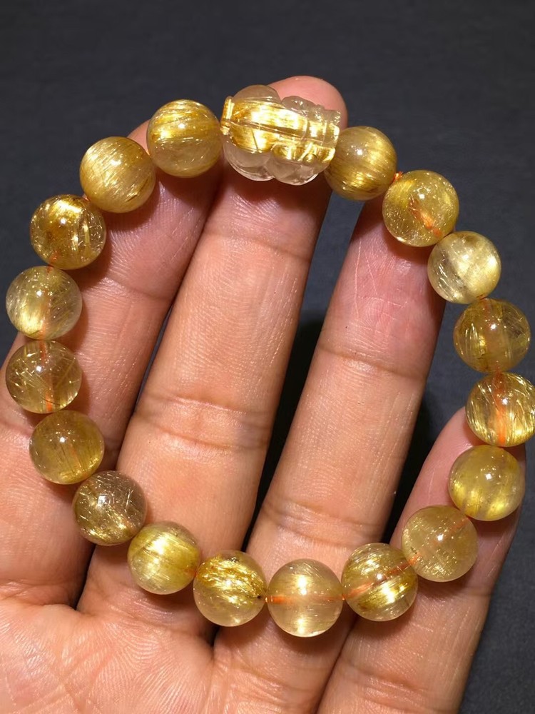 AA+Natural gold Hair Rutilated Quartz Crystal Round Beads Bracelet Healing 10mm