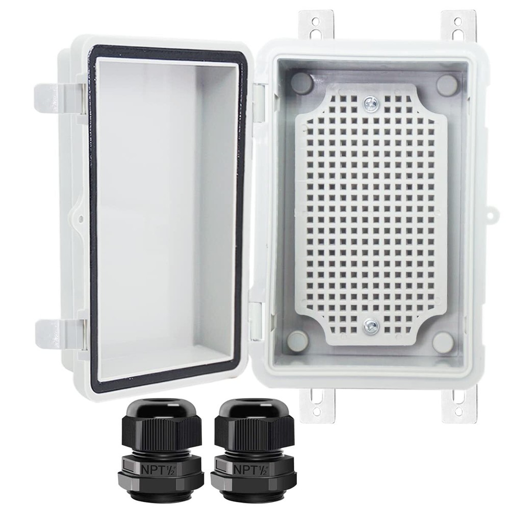 IP67 Waterproof ABS Junction Box with Hinged Cover & 2 NPT 1/2 Cable Glands