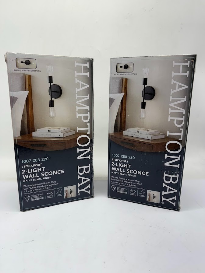 2 Pack Stockport 10 in. 2-Light Matte Black Plug-In or Hardwire Wall Sconce