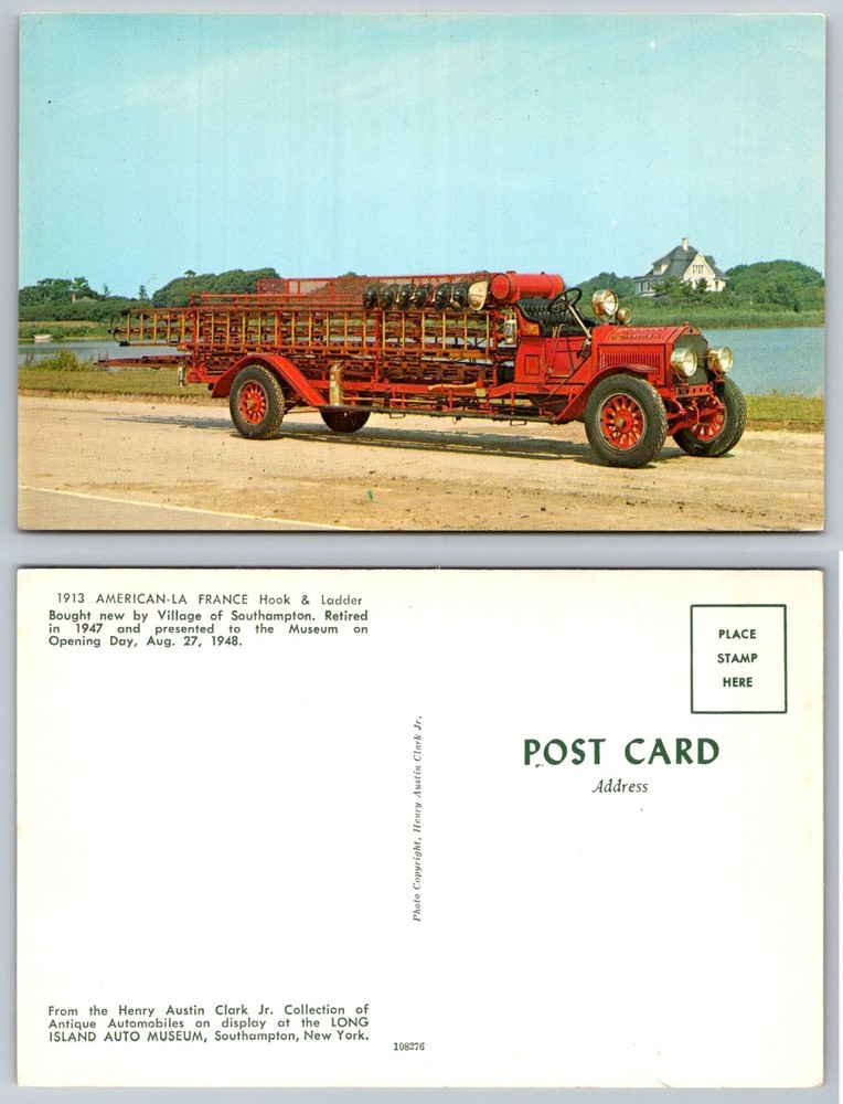 1913 American-La France Fire Truck Southampton Long Island Auto Museum Postcard