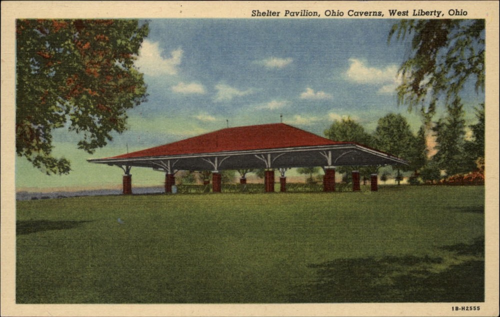 Shelter Pavilion ~ Ohio Caverns ~ West Liberty Ohio OH ~ 1940s linen postcard