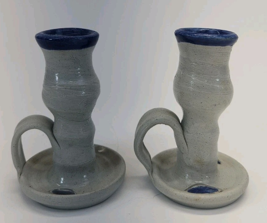 Vintage Williamsburg Pottery Salt Glazed Chamber Candleholders (2) 4.25 Inches