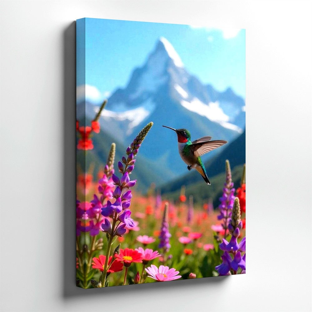 Wall Art Hummingbird in Wildflower Meadow Mountain Landscape Floral Print Decor