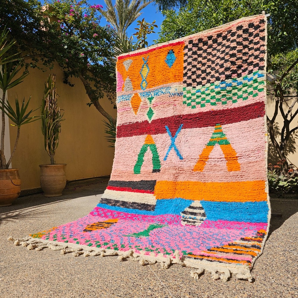 Colorful Boujaad Rugs Pink Tufted Orange Moroccan rug 5x8 Pink Berber Shag Rug