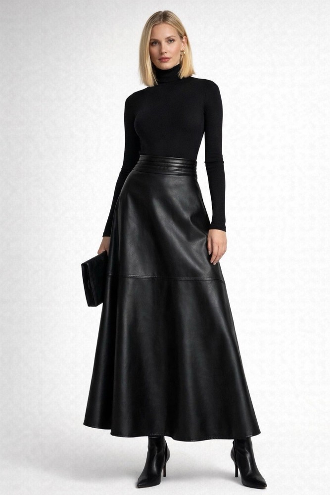 Black Faux Leather Maxi Skirt A-Line High Waist Elegant Long Skirt, Size M