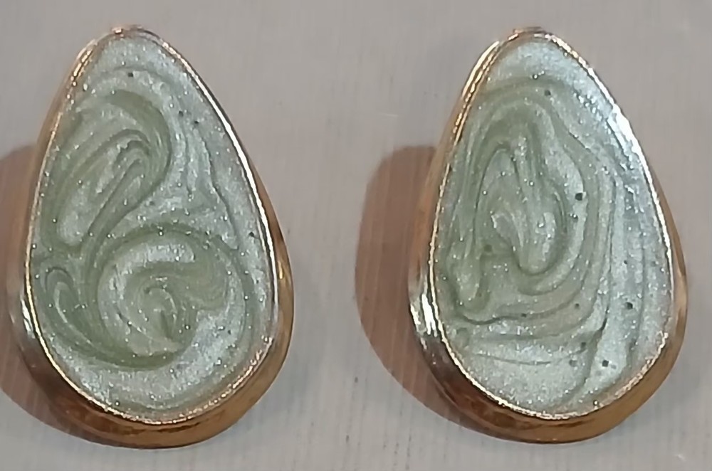 Vintage Gold Tone ~ Tear Drop ~ Pale Green Swirl ~ Enamel Pierced Earrings 1.5