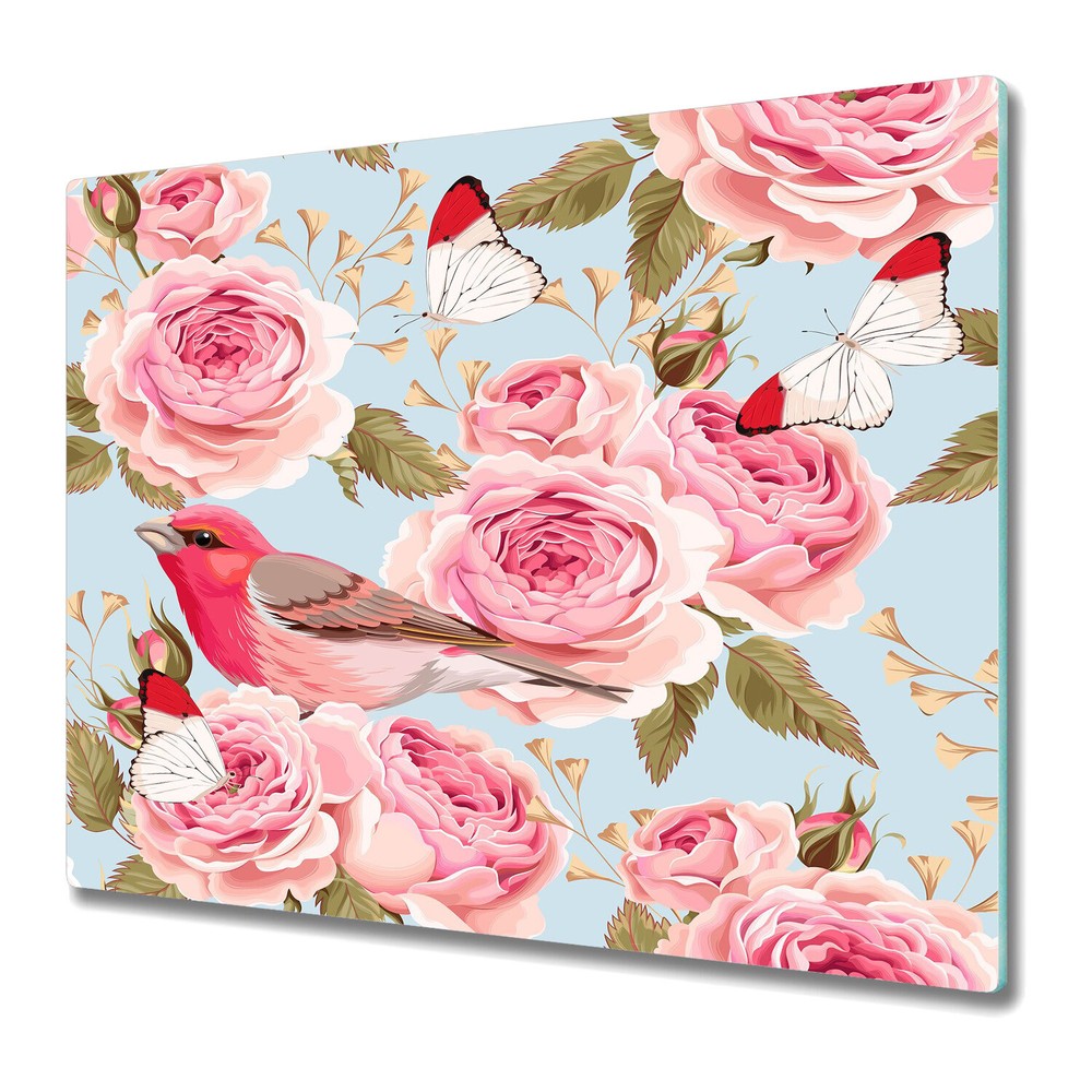 Glass Kitchen Chopping Board English roses and birds pink and yellow art 60x52