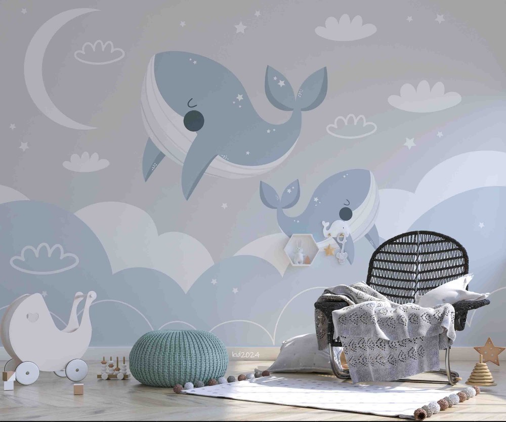 3D Whale Moon Cloud Cartoon Wall Murals Wallpaper Murals Wall Sticker