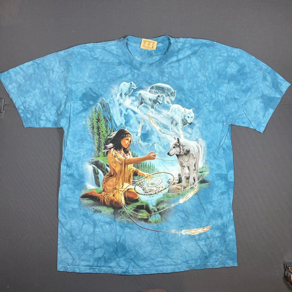 The Mountain Wolf Dreamcatcher T-Shirt XL Blue Tie Dye Vintage 2001 Meiklejohn