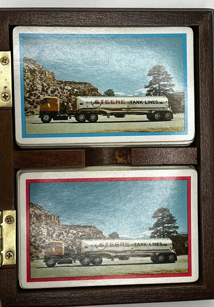 Steere Tank Lines Double Deck Pair Playing Cards Vintage Advertising Wood Case🔥