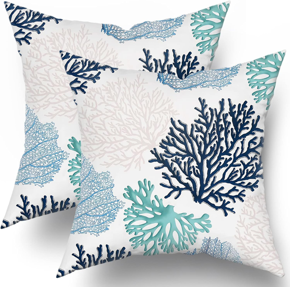 Coastal Coral Branch Throw Pillow Covers Set of 2 Farmhouse Ocean Themed Decor  