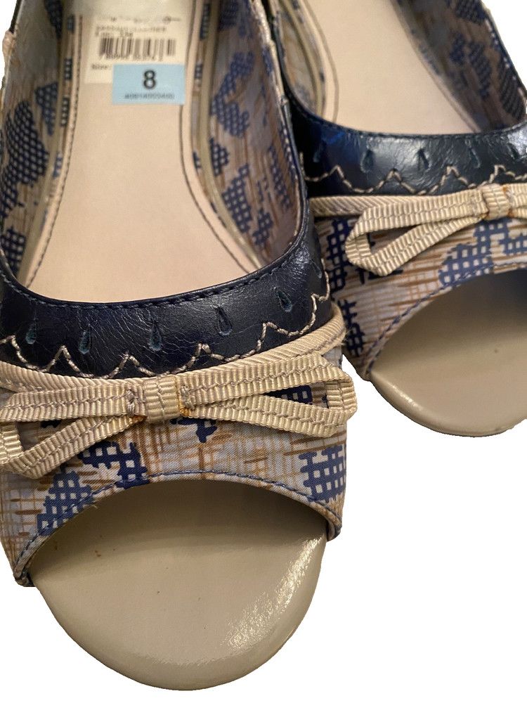 Women's Flats Sz 8 Bobbi Blu Kassidy Leather Peep Toe Blue Patchwork Bows NEW