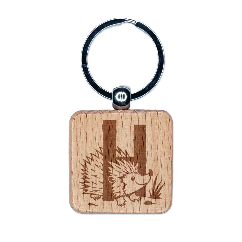 Animal Alphabet Letter H for Hedgehog Engraved Wood Square Keychain Tag Charm
