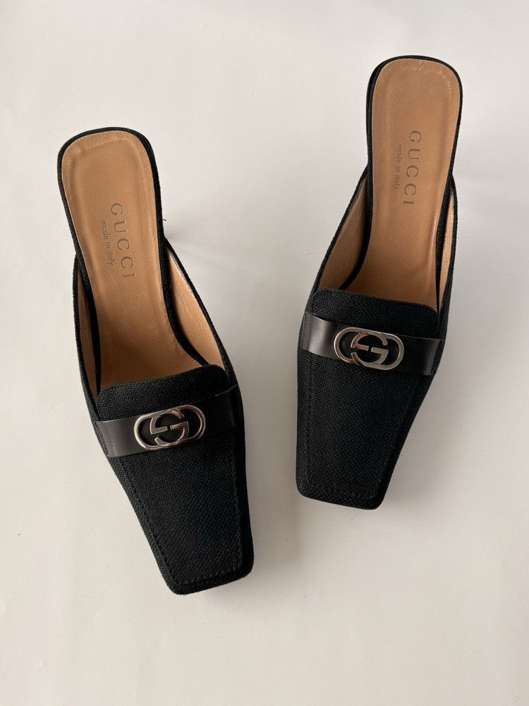 Gucci Vintage GG Logo Black Textile Kitten Heel Mules US 6 EU 37