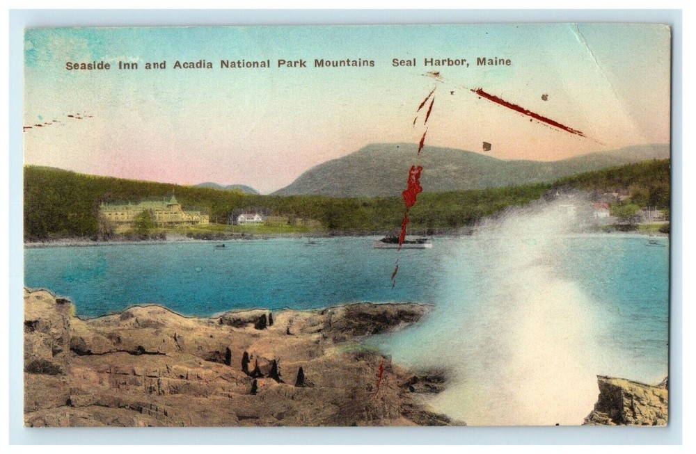1936 Hand Colored Acadia National Park, Mountains Seal Harbor, Maine ME Postcard-image