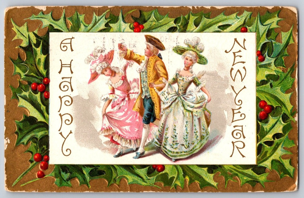 Holiday~Happy New Year~Gentleman & Ladies In Frame W/ Holly~PM 1910~Vintage PC
