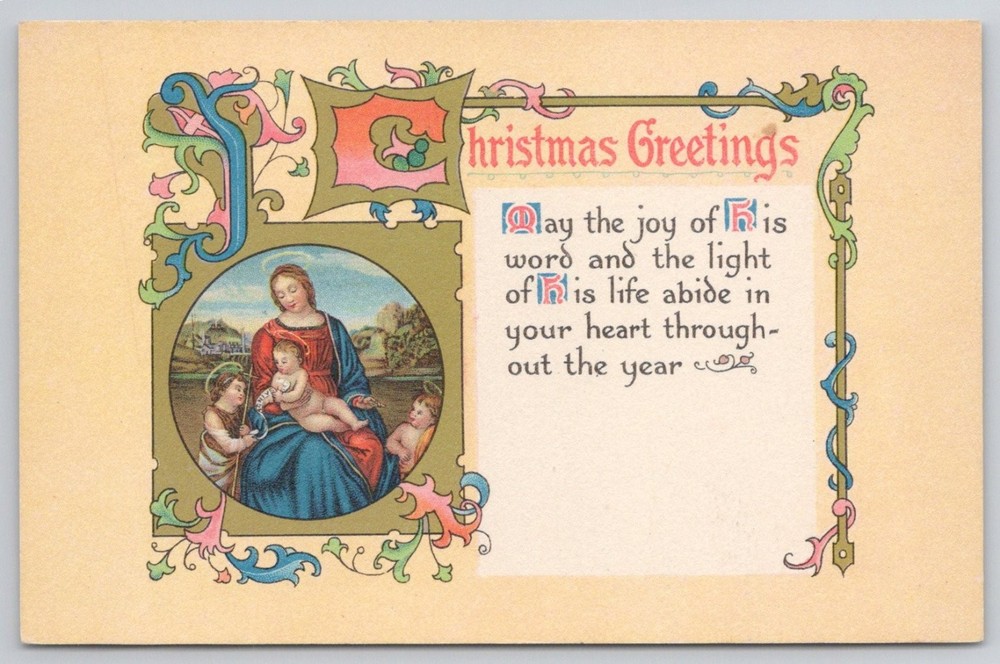 Vintage Christmas Greetings Postcard Madonna Child Cherubs Gibson Art Co