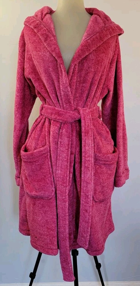 Hot Pink Plush Ulta Bathrobe Pockets TieWaist Hoodie Sz S/M Womens Thick & Soft!