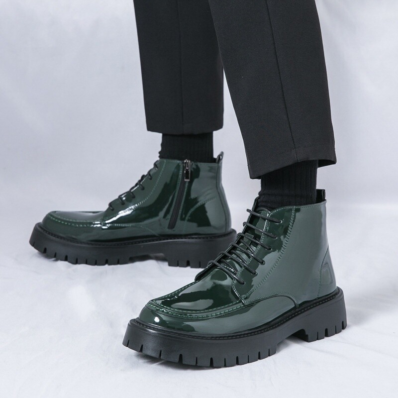 Men's Patent Leather Round Toe Pleatform Ankle Boots with Lace-Up Design