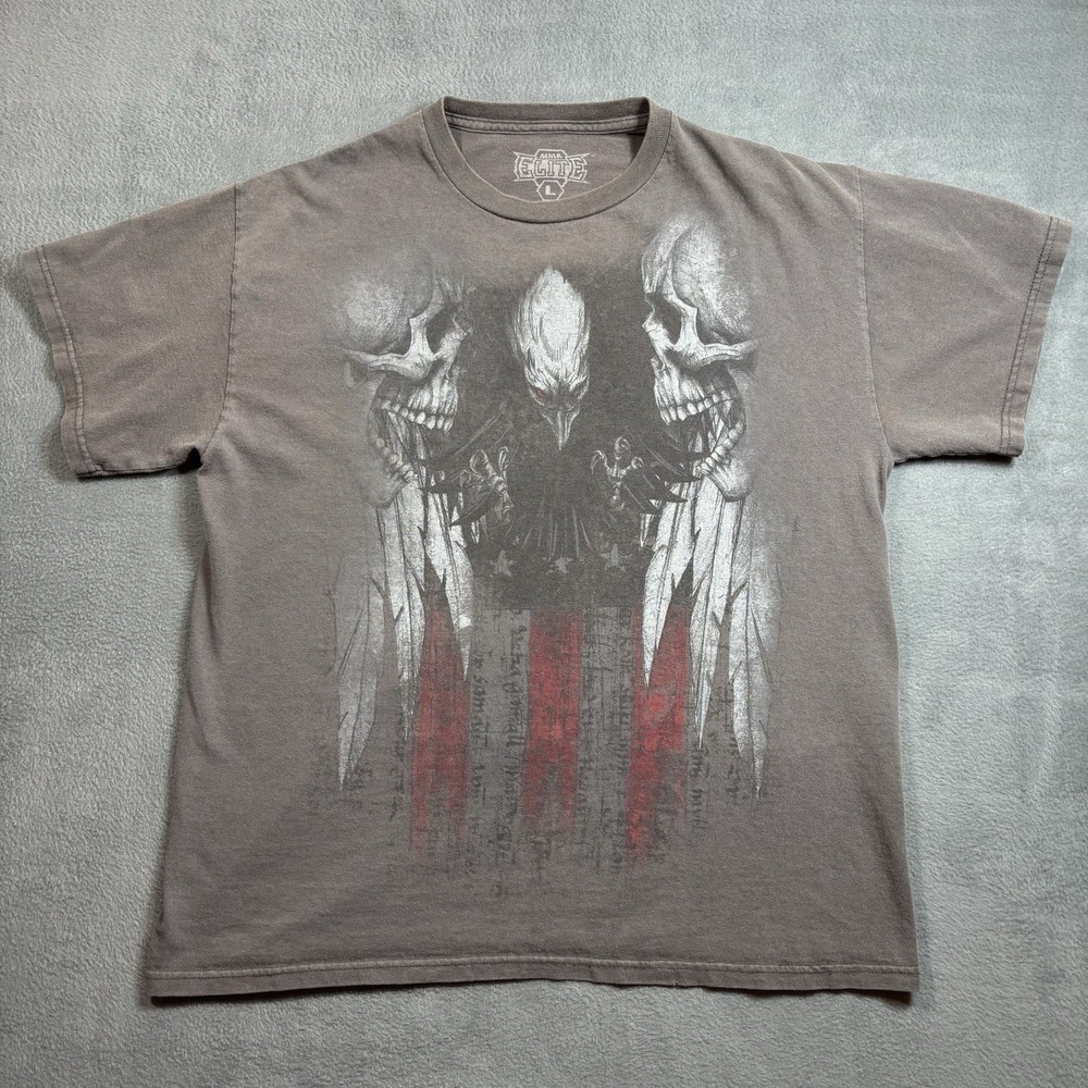 MMA ELITE Skull Eagle Flag FLAWS READ Distressed Y2K Graphic T-shirt Men's Large