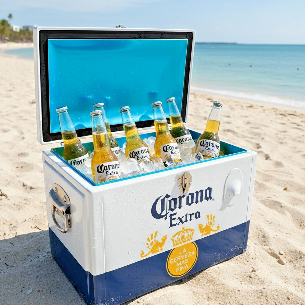 20L Corona Extra Beer Ice Cooler Box, Portable Metal Ice Chest for Camping Beach
