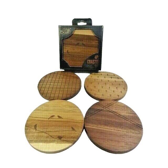 Acacia Wood Coasters Laser Etched Design Set of 4 Trees Birds on Wire New Boxed-image