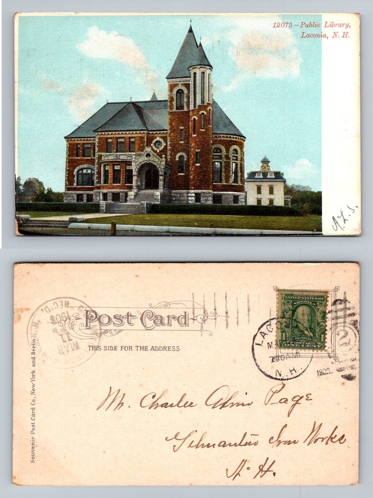 Laconia, NH-New Hampshire, Public Library Building Tower Vintage c1908 Postcard
