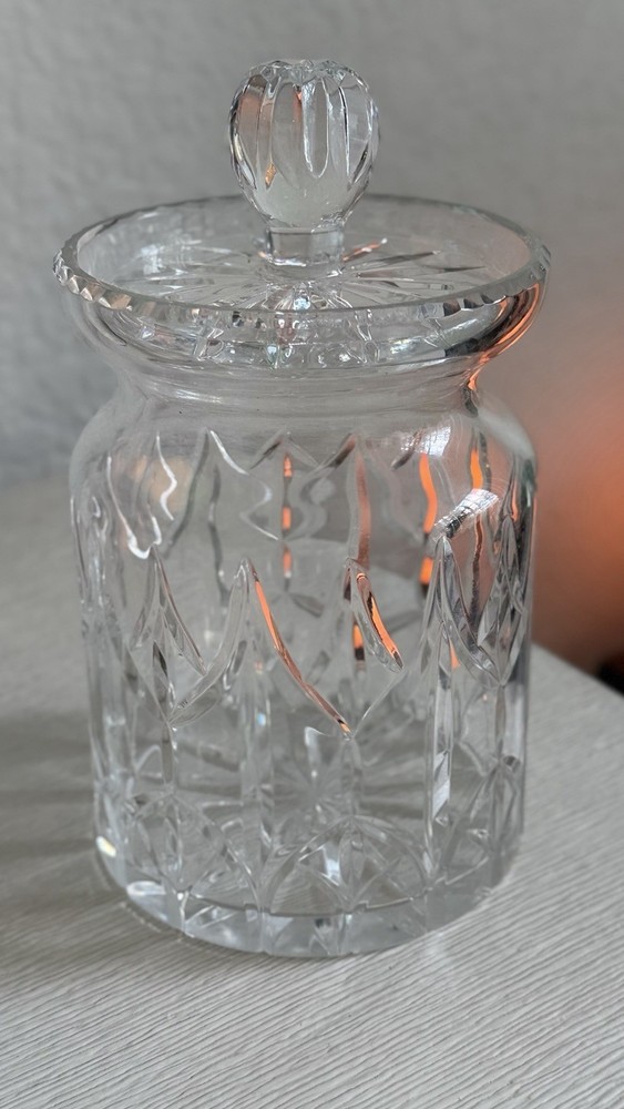 Clear Cut Glass Cylinder Jar with Handle Lid Glossy Finish