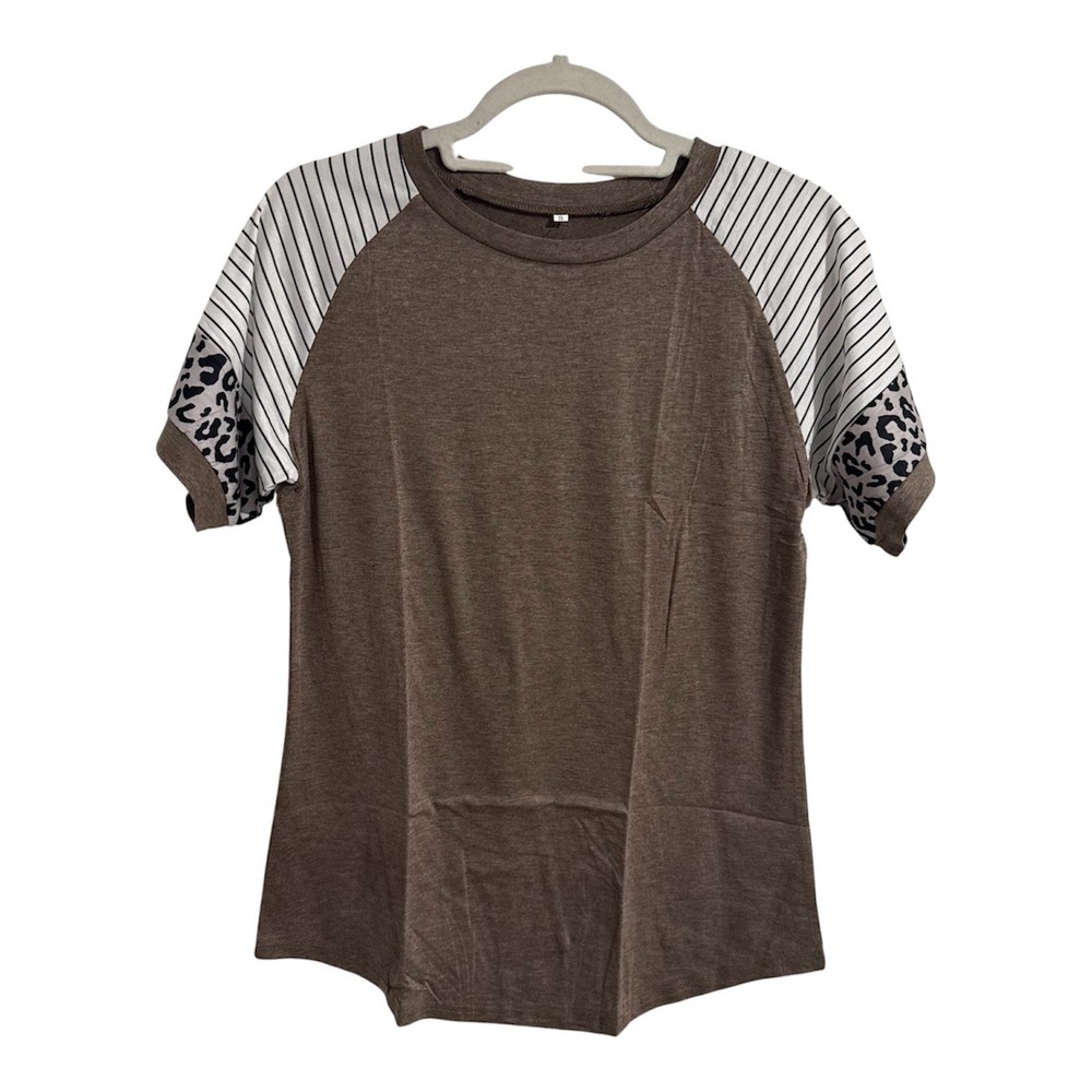Womens Brown Raglan Short Sleeve Top Striped Leopard Print Mixed Media Small