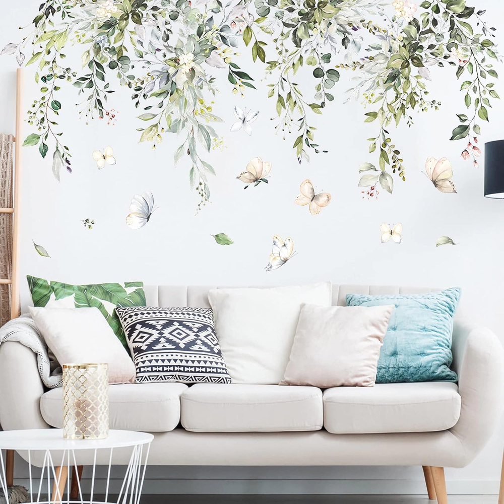 Hanging Green Leaves Wall Decals Watercolor Plants Wall Stickers Large Floral Bu