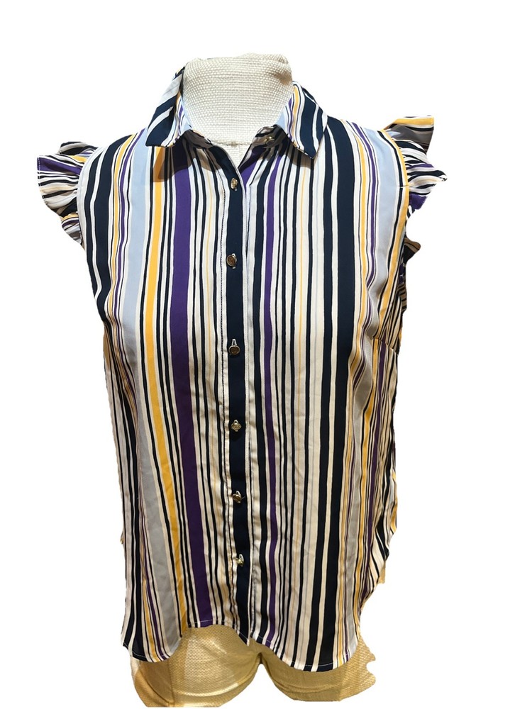 Womens Liz Claiborne Purple/White Stripe Button-up Cap sleeve Blouse - Size M