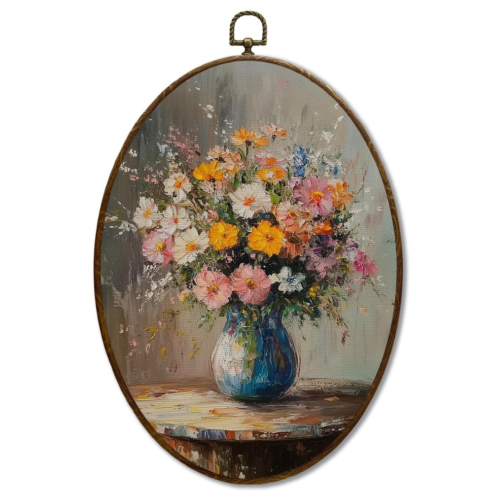 Vintage Floral Oval Wall Decor, Rustic Cottagecore Floral Bouquet Oval Canvas...