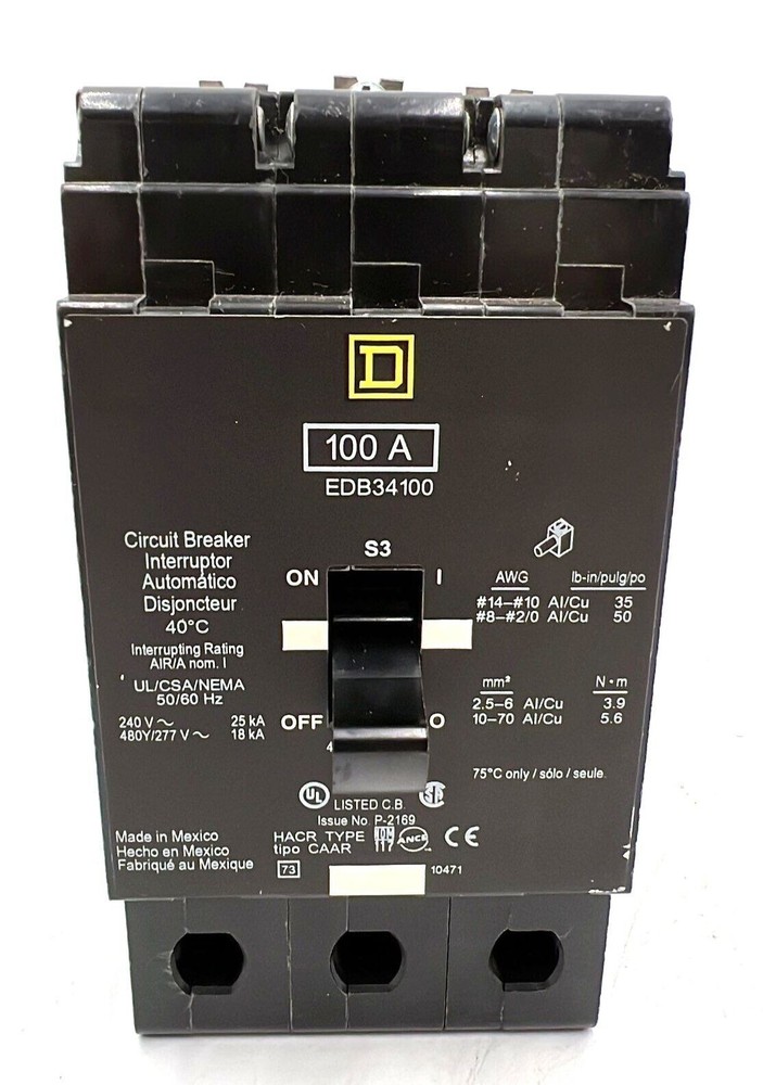 Square D EDB34100 Circuit Breaker 100A 3P 480V 3PH EDB 100 Amp 3 Pole Used