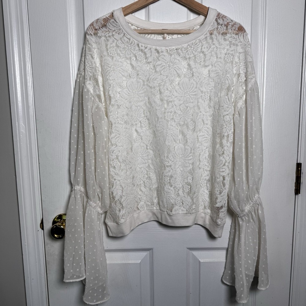 Free People Something Like Love Lace Bell Sleeve Blouse Ivory Size Large