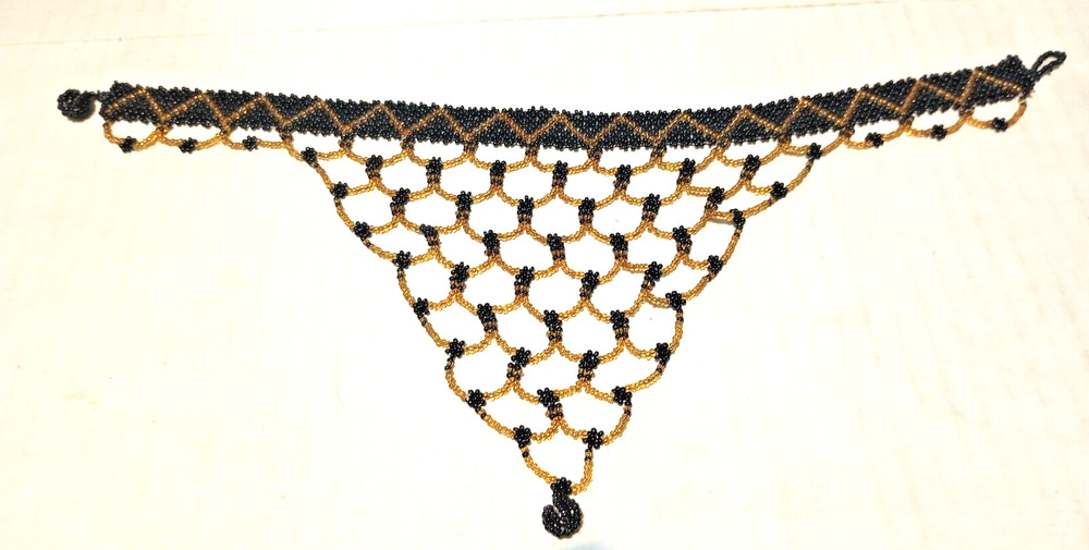 Vintage Victorian Goth Hand Beaded Black and Gold Bib Collar Necklace