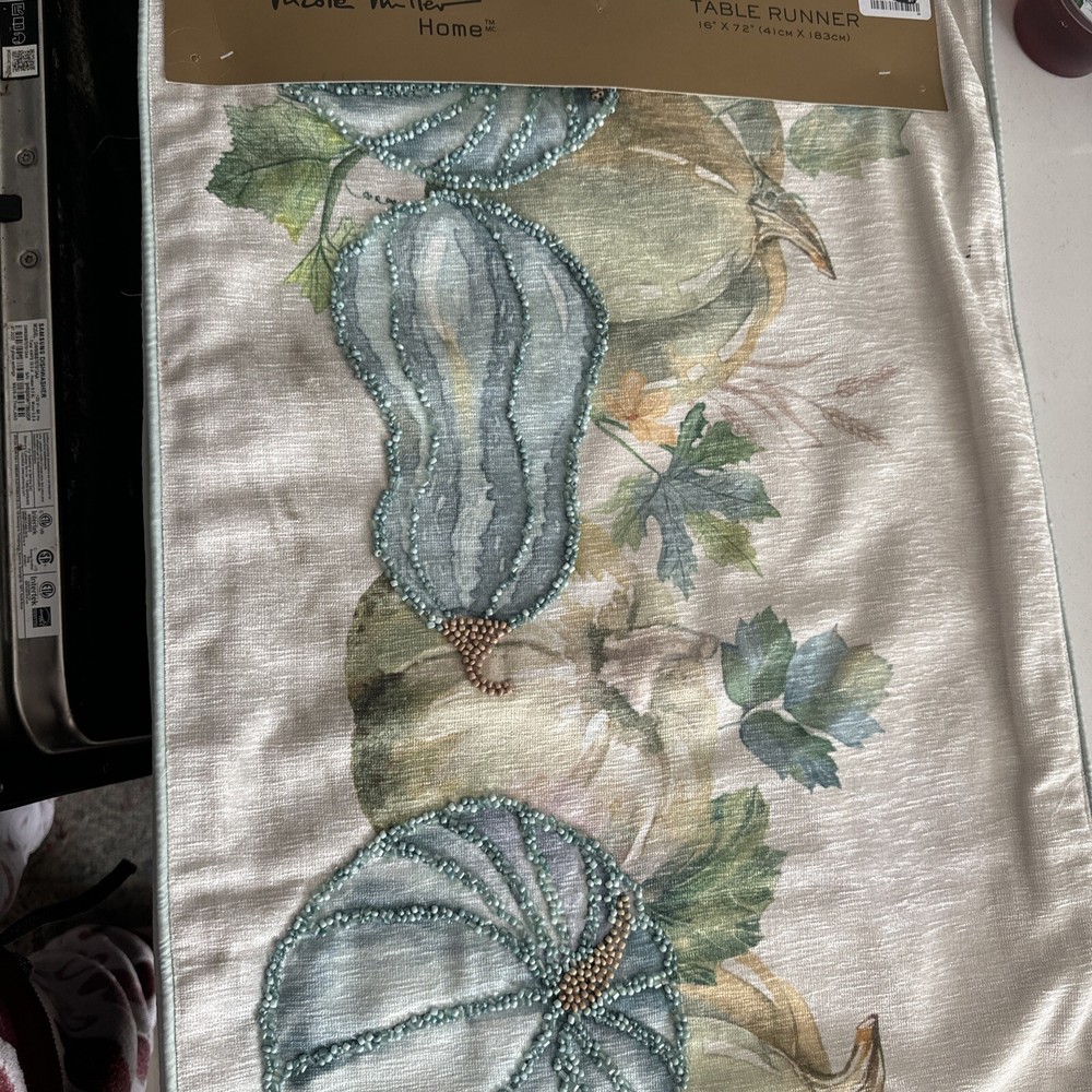 Thanksgiving Nicole Miller Beaded Pumpkin Gourd Table Runner Blue Green 16x72