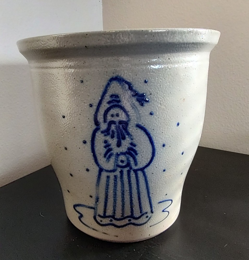 David Eldreth Stoneware Salt Glazed Folk Art Crock Vase 1990 Santa 7