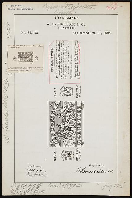 Photo:W Sandorides Cigarettes Trademark Registration 1898 Brand Label