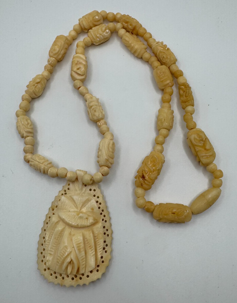 Vintage Ornate Carved Bovine Bone Beaded Flower Pendant Necklace